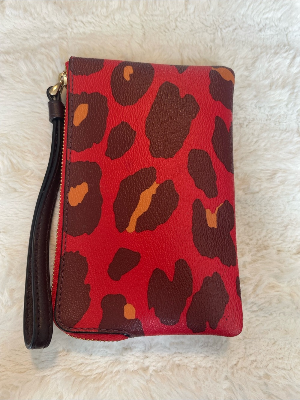 Coach Red Leopard Print Wristlet Clutch with Brown Accents - Picture 2 of 9